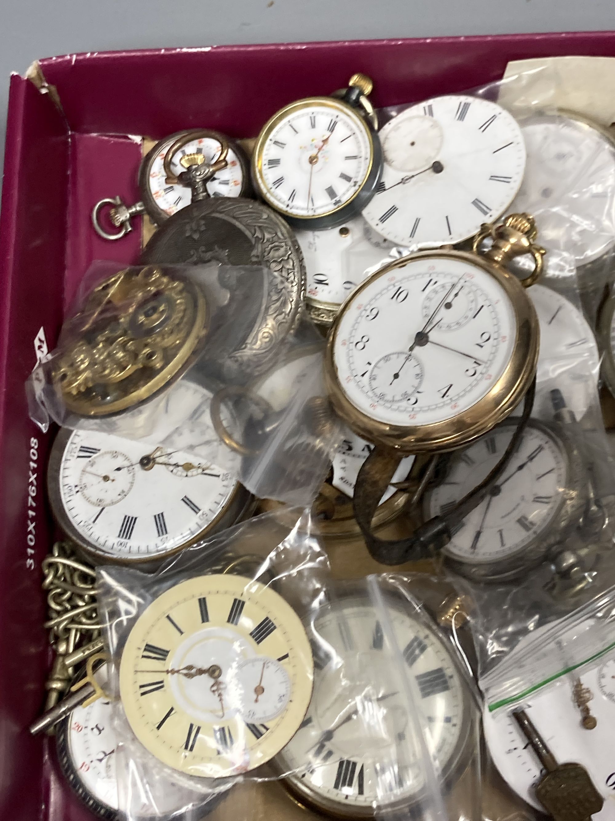A group of assorted bass metal pocket and fob watches and a small quantity of movements.